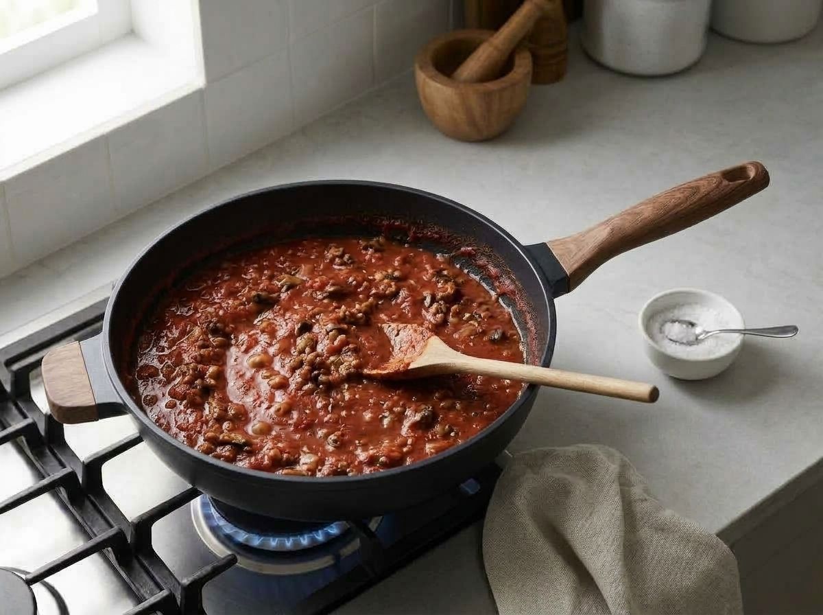 Browned mushrooms simmering in a thick brick-red marinara with fennel seed and chili