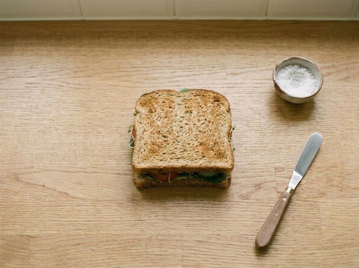 The sandwich closed and pressed flat, the filling showing around the edges