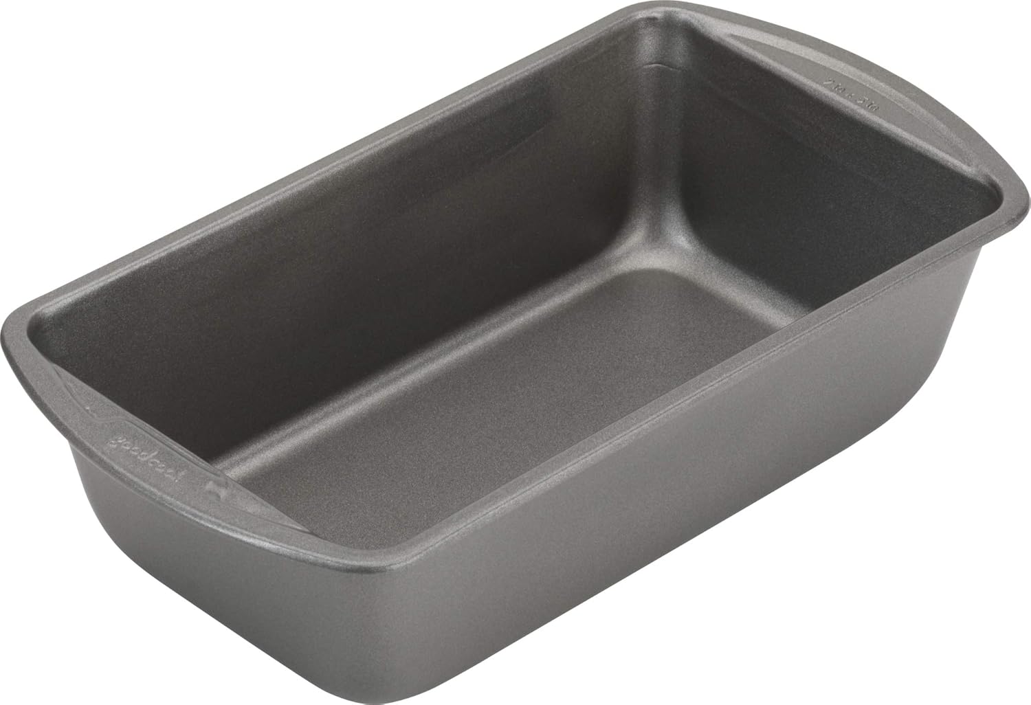 Gray non-stick steel loaf pan seen from above at an angle