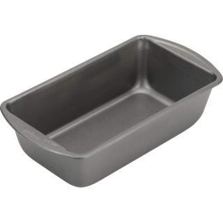Gray non-stick steel loaf pan seen from above at an angle