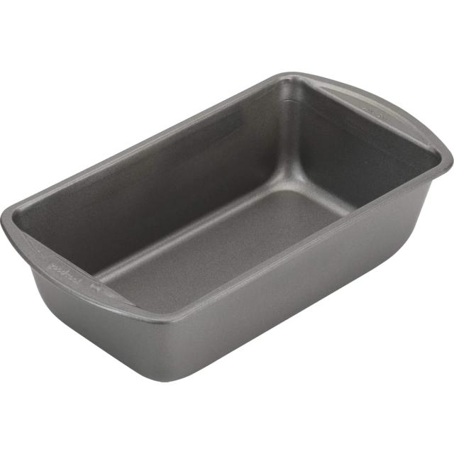 Gray non-stick steel loaf pan seen from above at an angle