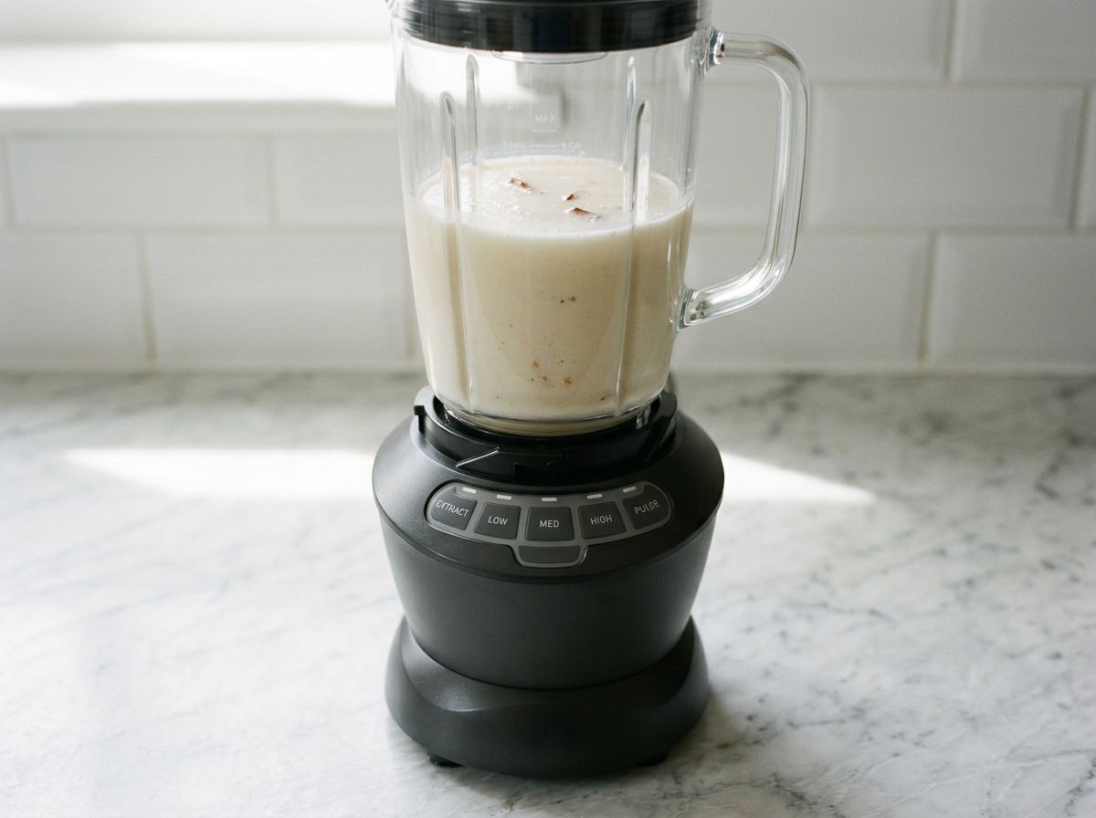 The soaked rice and cinnamon blended to a pale milky slurry in a blender jug