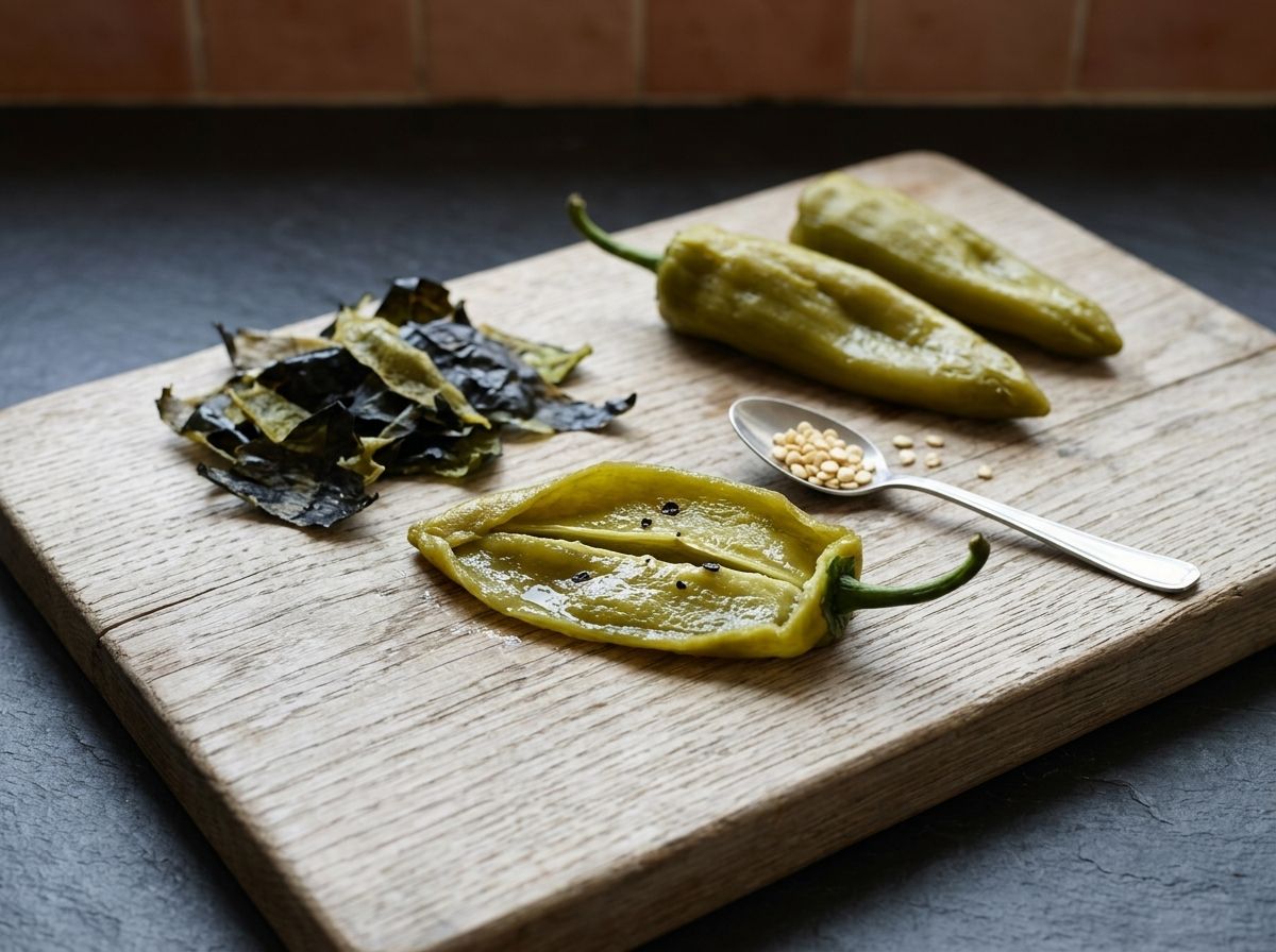 A peeled poblano slit open and seeded, with the blackened skins and seeds set aside