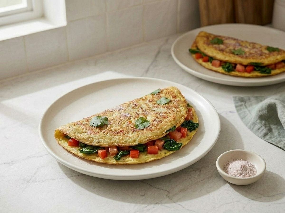 Two chickpea omelettes folded in half on plates, the vegetable filling showing along the open edge, dusted with pink-gray kala namak and cilantro