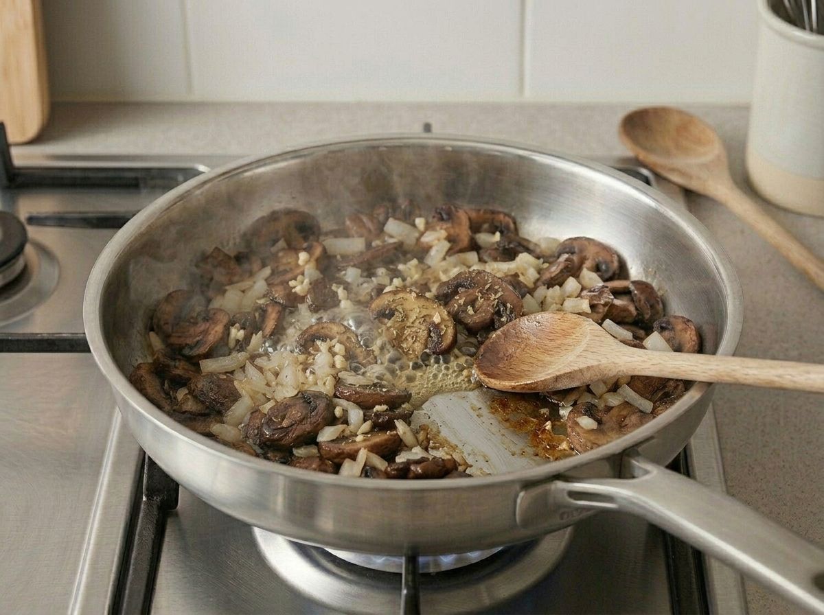 Sherry bubbling in the skillet while a wooden spoon scrapes the browned film off the base.