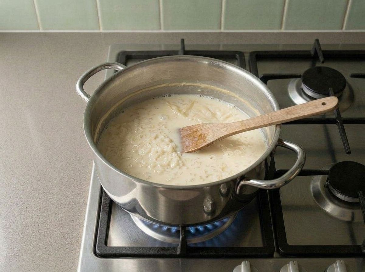 Kheer after an hour of simmering, the milk reduced by half and pale ivory, the rice broken down