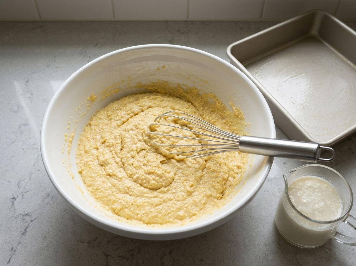 Coarse pale yellow cornbread batter just stirred together in a white mixing bowl with a whisk.