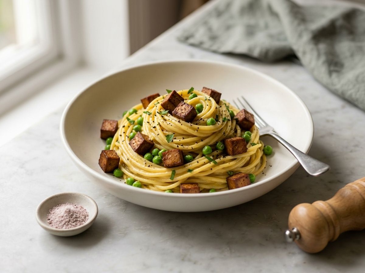 The finished vegan carbonara in a shallow bowl, topped with smoked tofu, peas, cracked black pepper and parsley