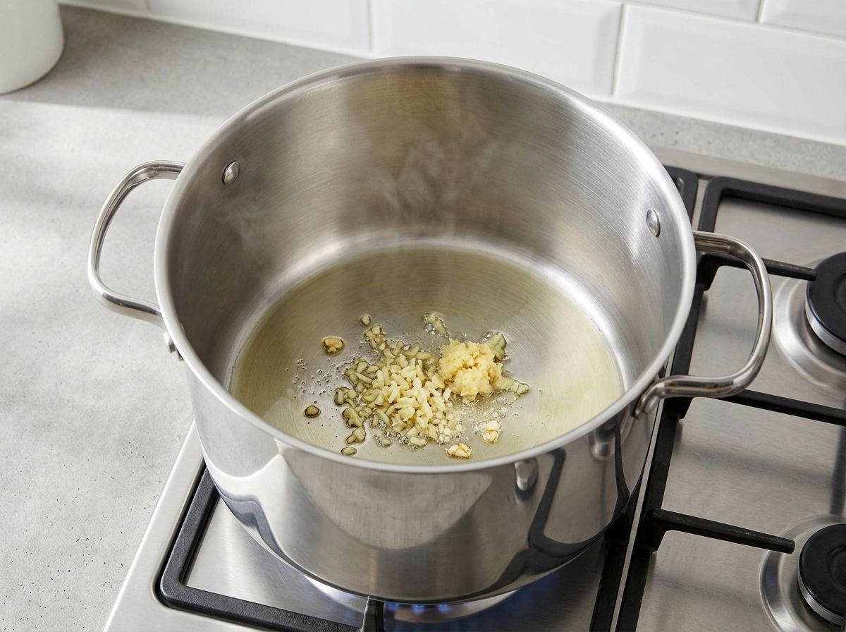 Minced garlic and grated ginger sizzling in a film of oil in the base of a large steel pot