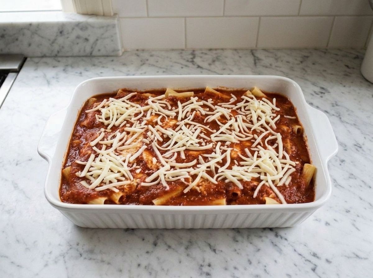 The unbaked dish layered with sauced ziti and ricotta, marinara spread to every corner and shredded mozzarella over the top