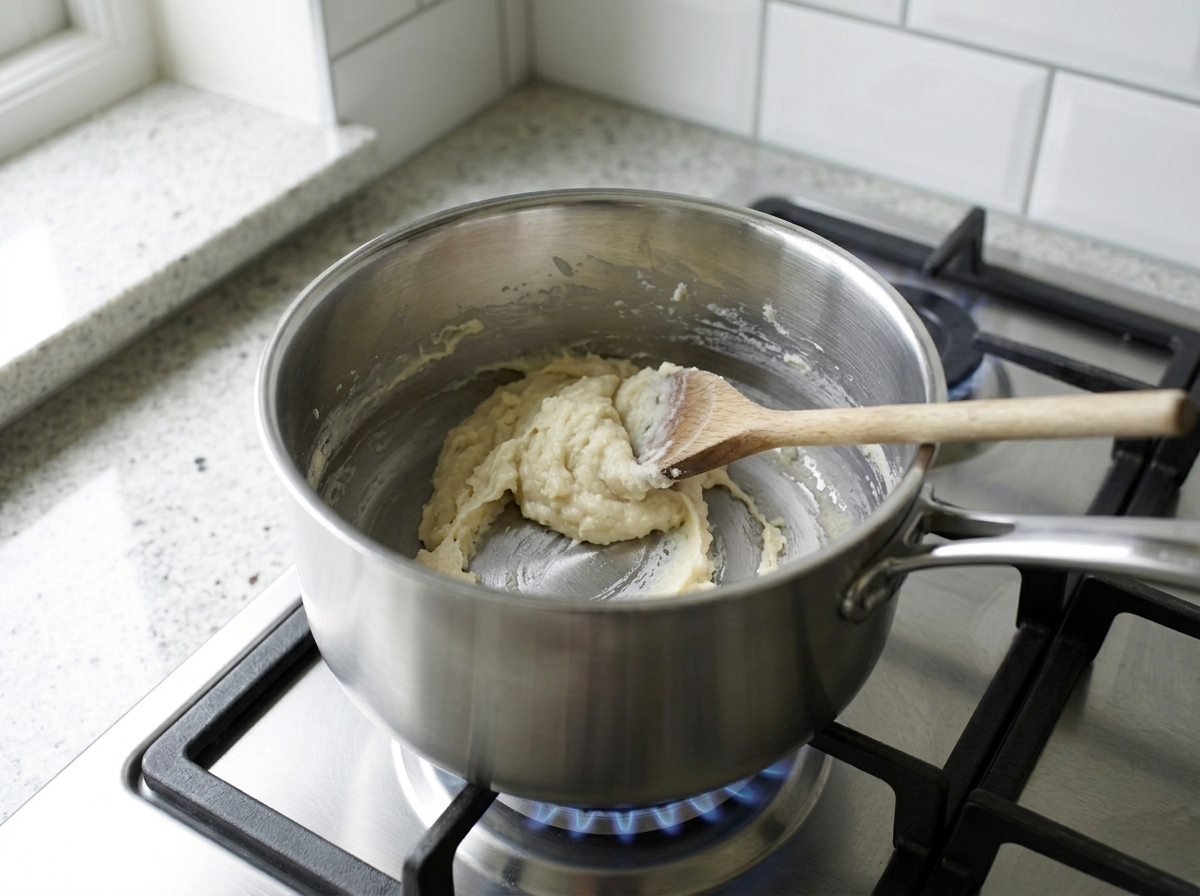 Flour stirred into the softened onion to make a thick pale roux that pulls away from the base of the pan.
