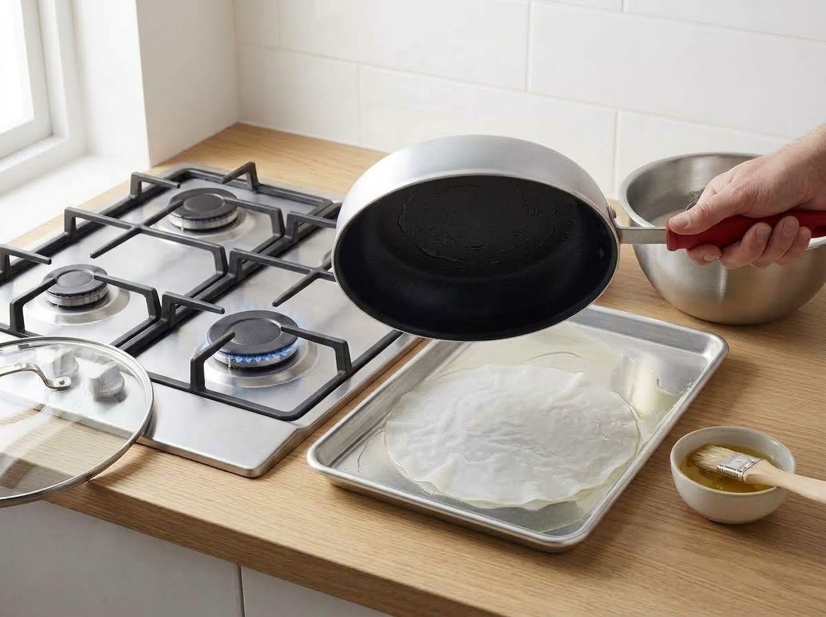 The skillet turned upside down over the oiled baking sheet, with the thin translucent rice sheet lying flat on the tray beneath it
