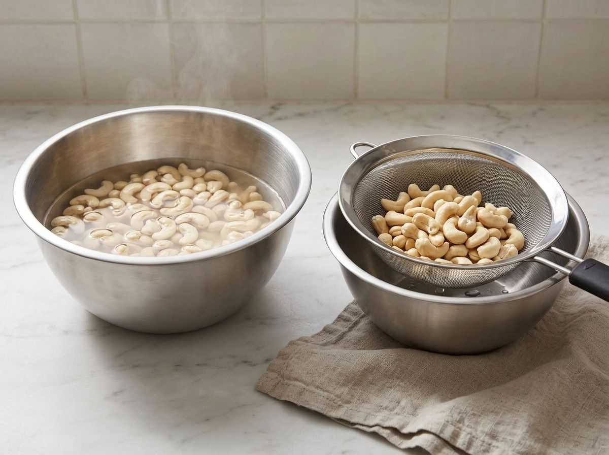 Raw cashews soaking in a steel bowl of just-boiled water beside a sieve of drained, swollen cashews