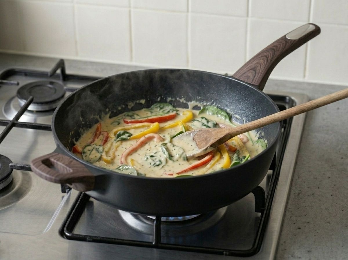 The blended tofu sauce folded through the cooked vegetables over low heat, steaming but never bubbling