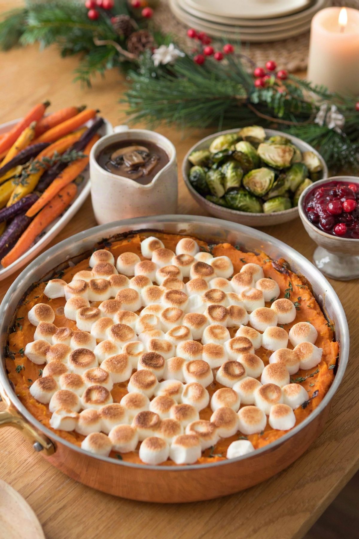 A vegetarian Thanksgiving table with sweet potato casserole under toasted marshmallows, a jug of mushroom gravy, roasted Brussels sprouts, cranberry sauce and roasted rainbow carrots.
