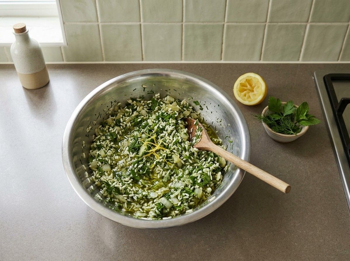Dolmades filling of rice, onion, dill, mint, parsley and lemon zest mixed in a bowl