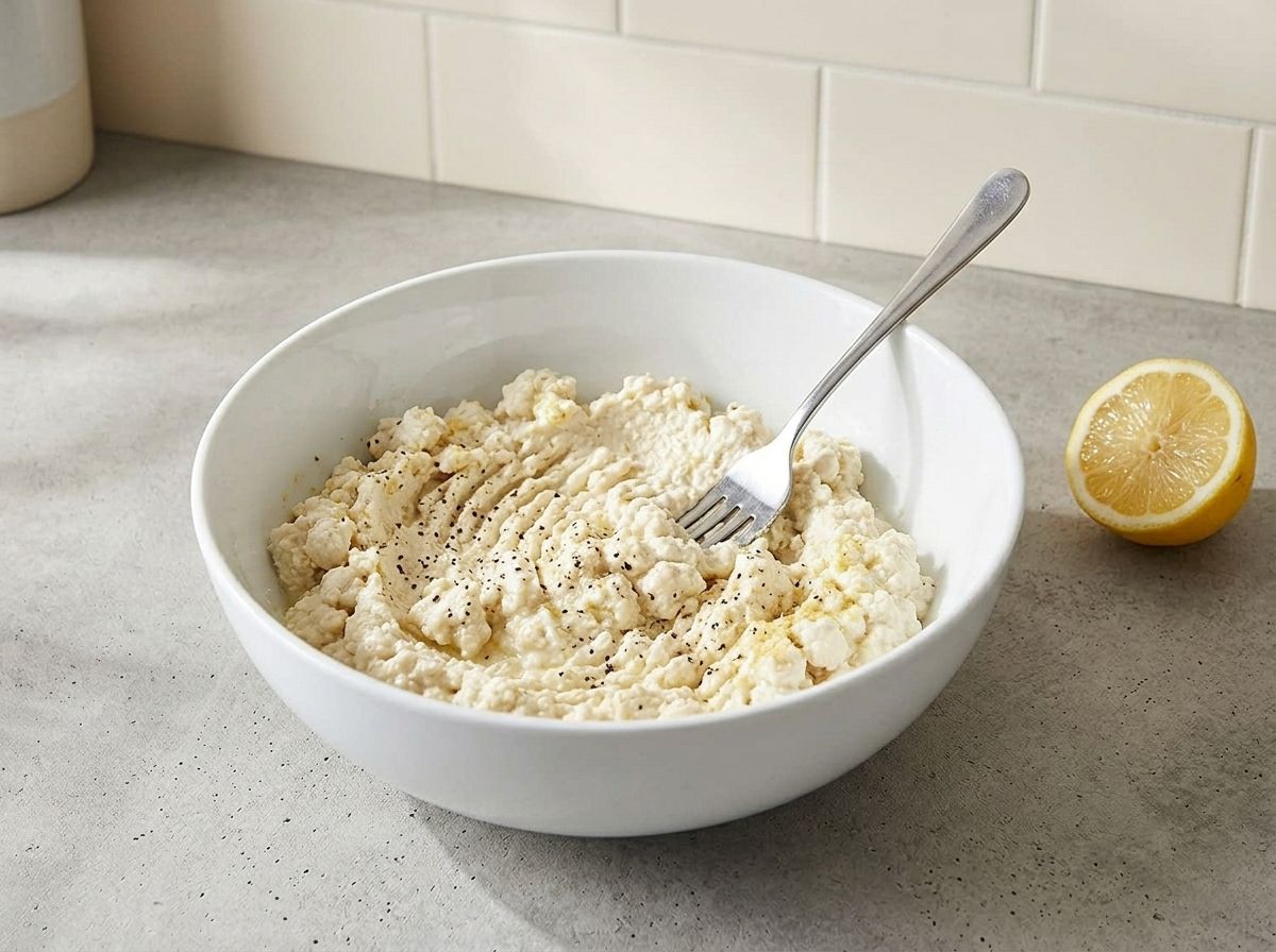 Tofu ricotta mashed with a fork into soft uneven curds flecked with black pepper