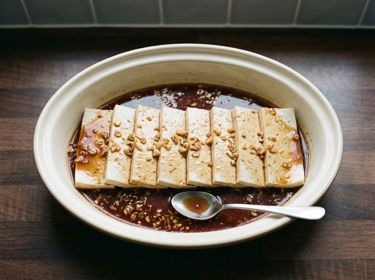 Tofu slabs half submerged in a dark lemongrass and garlic marinade in a shallow ceramic dish.