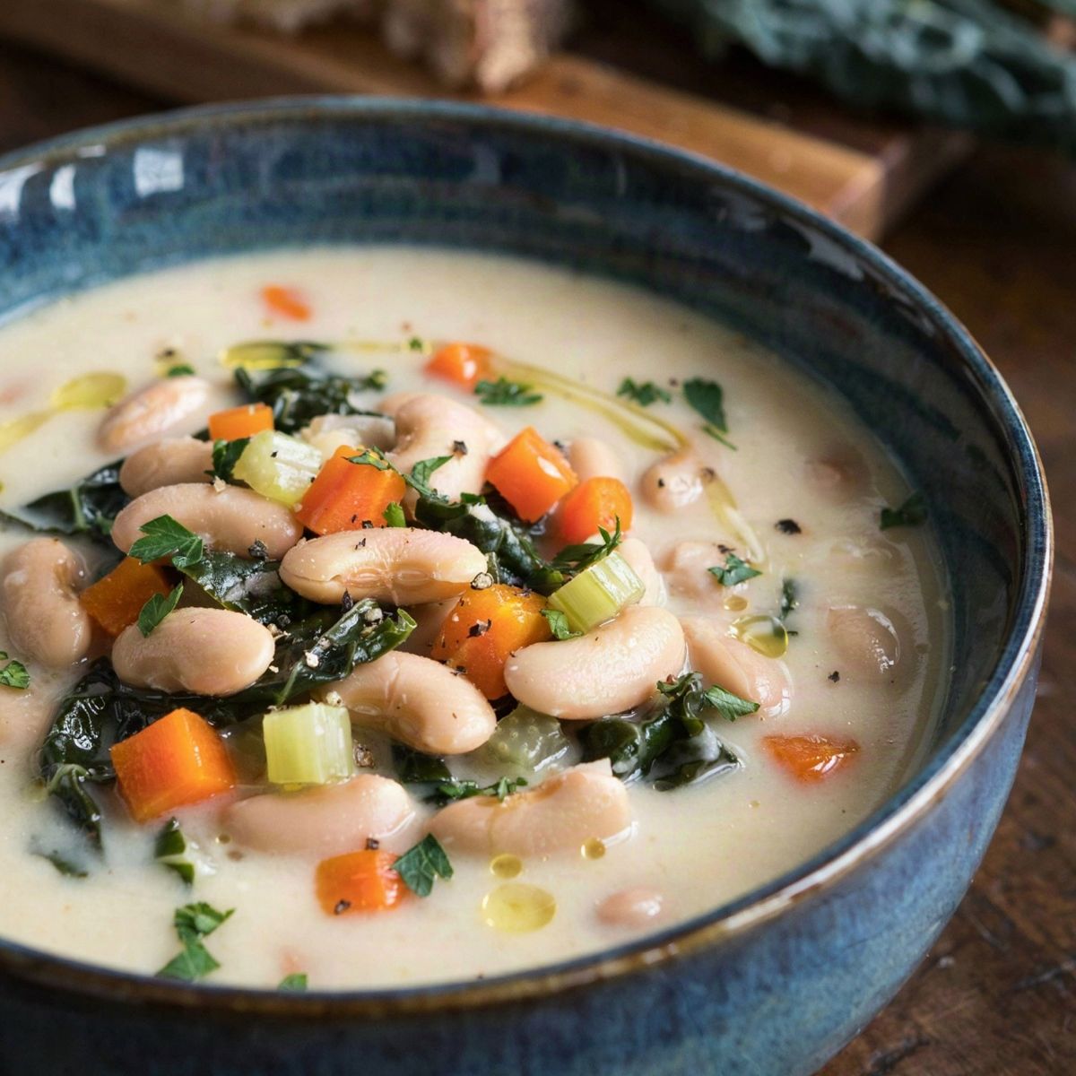 Vegan white bean soup in a blue glazed bowl, thick and creamy pale ivory from the crushed beans, with whole cannellini, diced carrot and ribbons of dark green kale, finished with a drizzle of olive oil and chopped parsley.