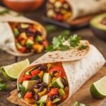 Chipotle veggie burrito filled with avocado, black beans, and colorful veggies.