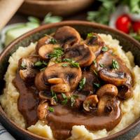 Pouring vegan mushroom gravy over creamy mashed potatoes in a bowl.