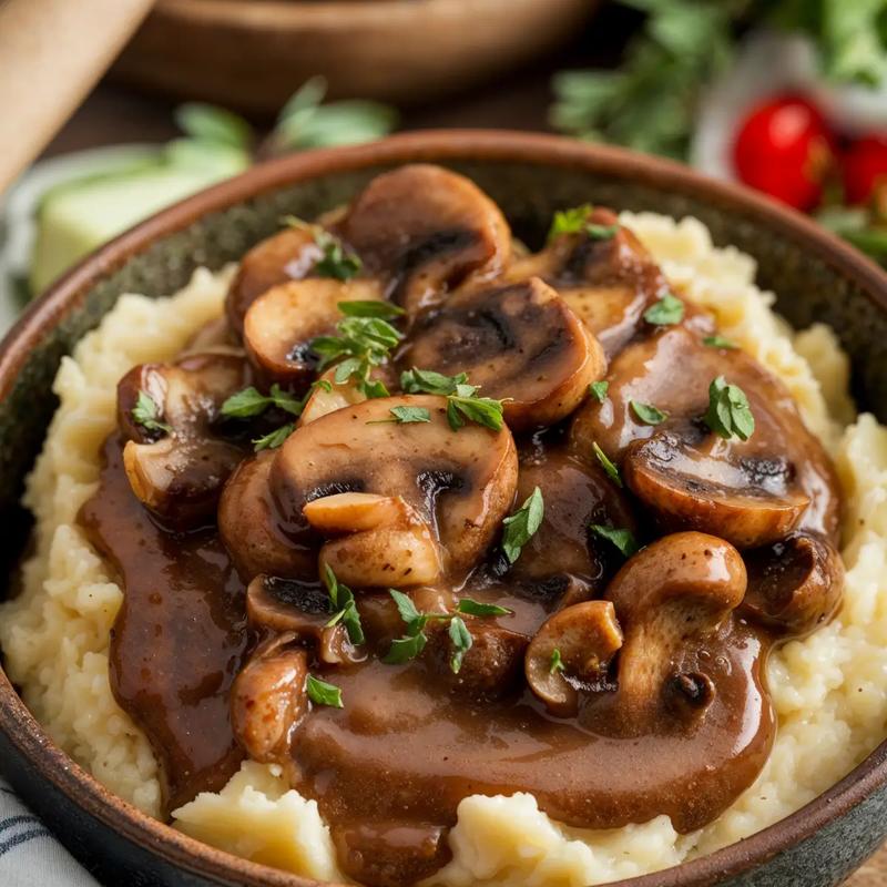 Pouring vegan mushroom gravy over creamy mashed potatoes in a bowl.