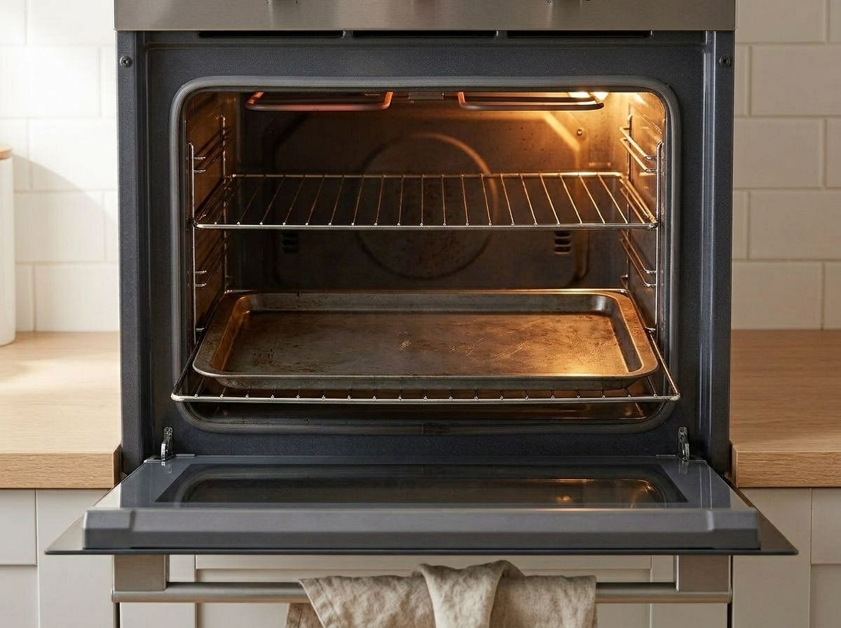 An empty rimmed baking sheet heating on the lower oven rack before the pie goes in