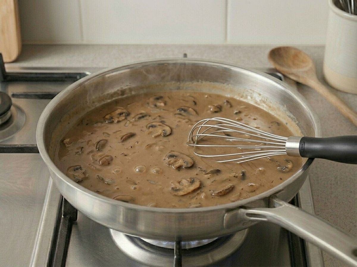 Broth whisked into the roux and simmering into a smooth milky-coffee brown gravy.