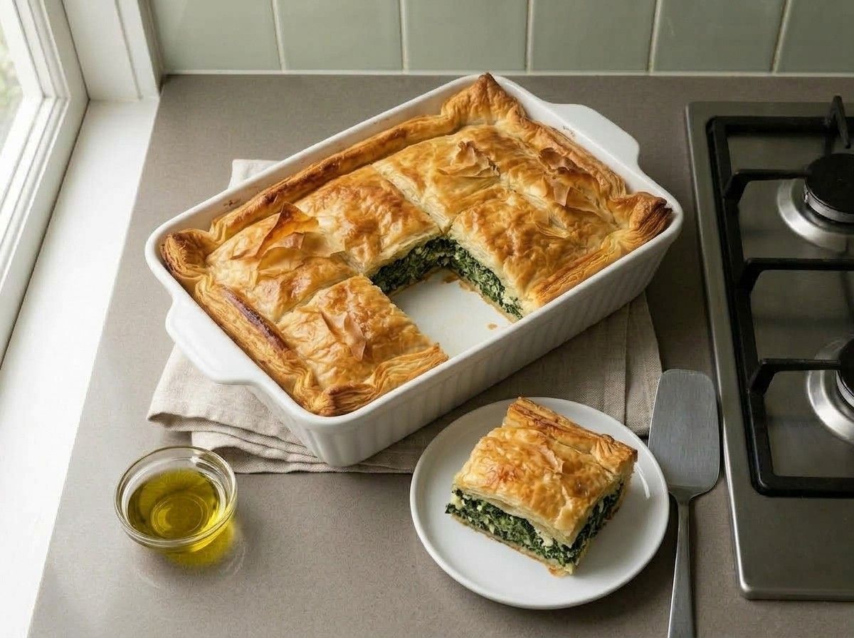 A square of spanakopita lifted onto a plate, showing green spinach filling between crisp phyllo layers