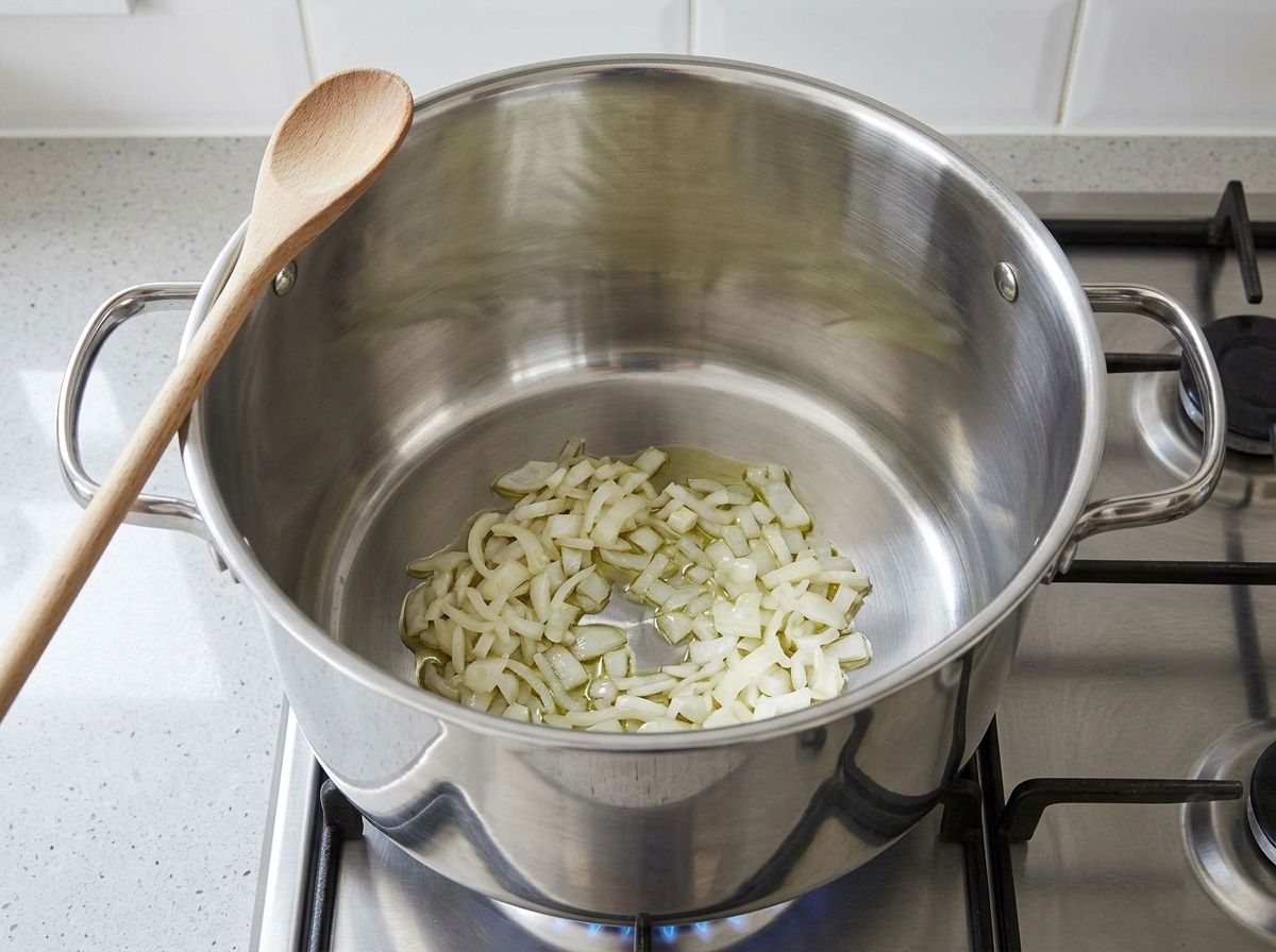 Chopped onion sweating in olive oil in a stainless steel pot, soft and translucent with no color