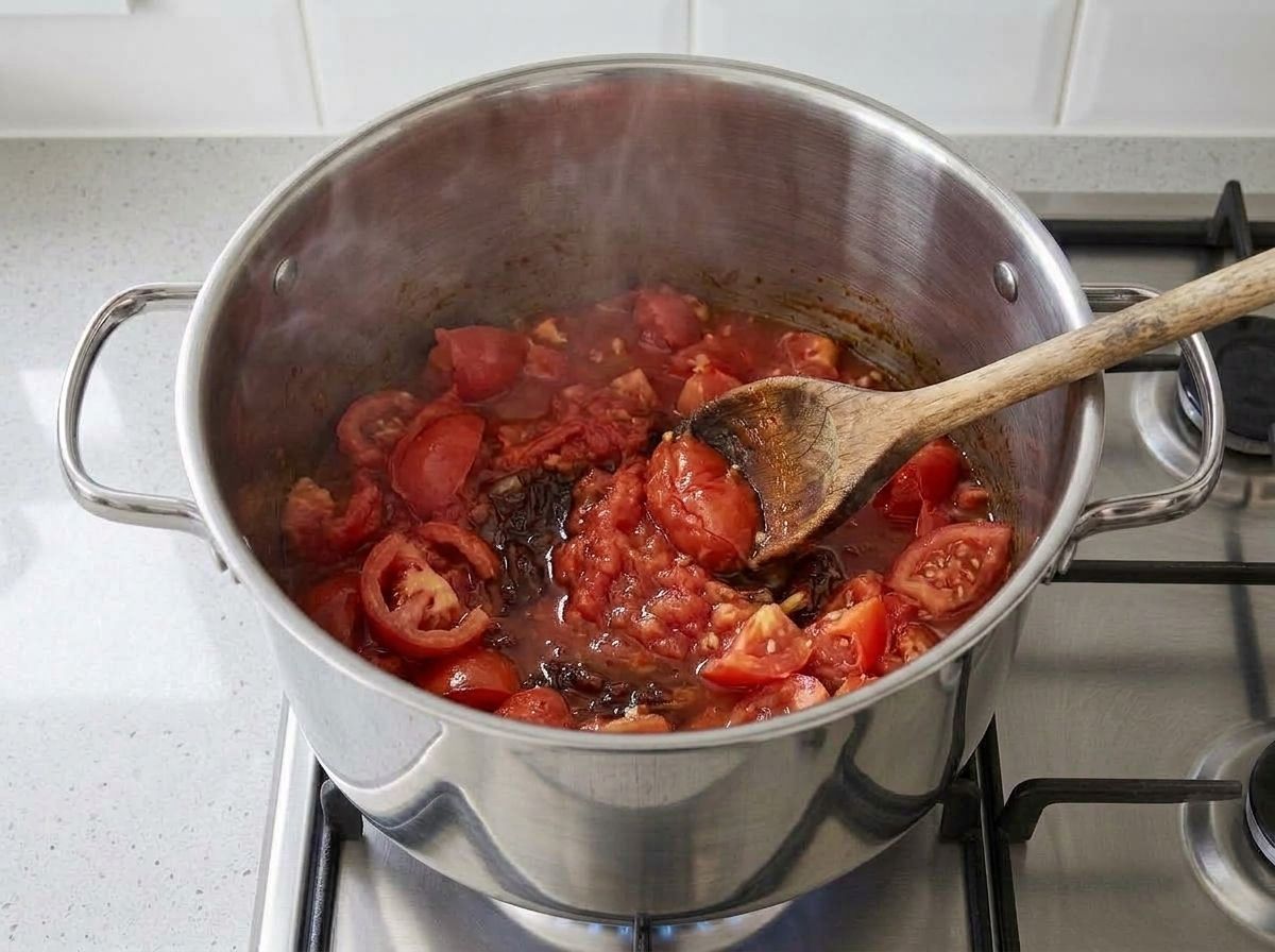 Chopped fresh tomatoes collapsing into the browned paste, a wooden spoon pressing them against the pot