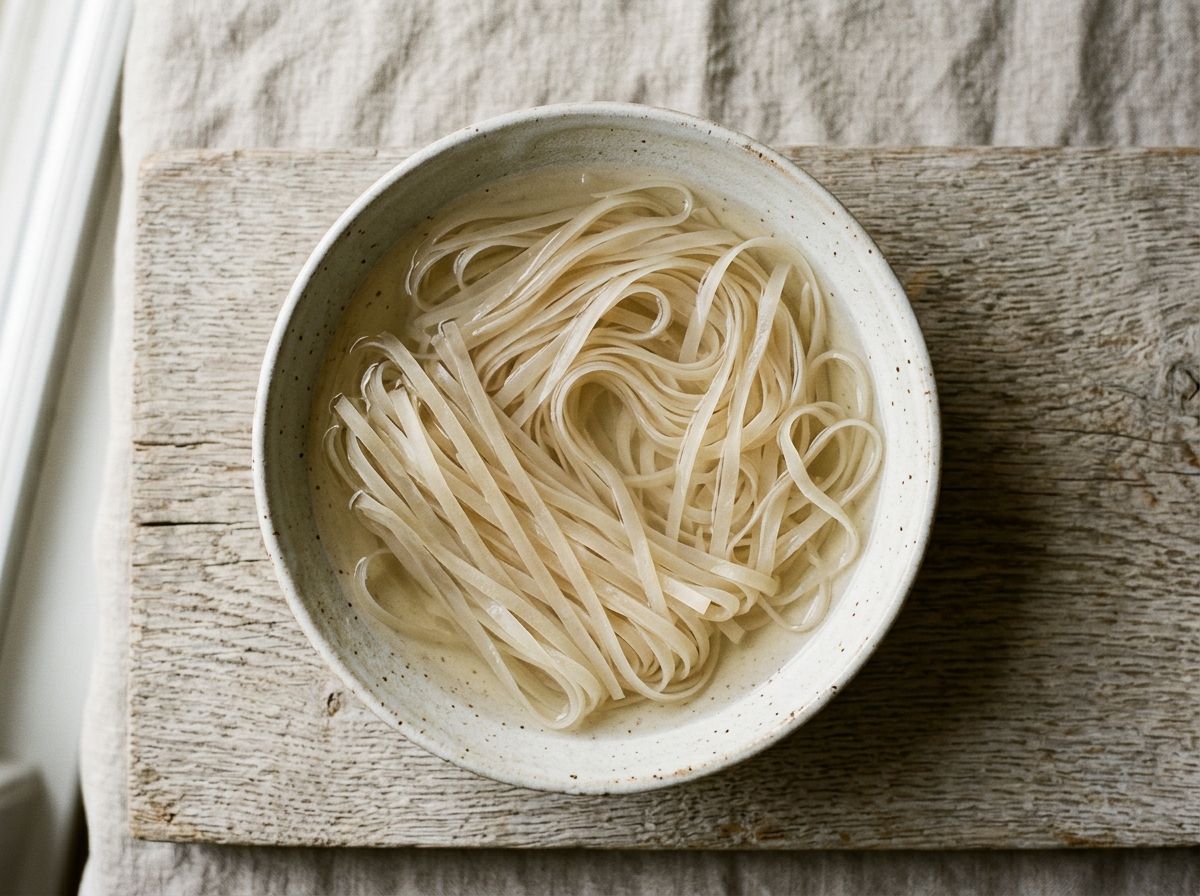 Flat rice noodles soaking in warm water until pliable but still firm