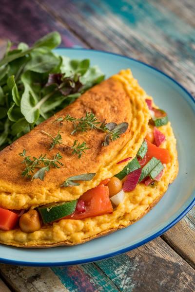Golden vegan omelette with fresh spinach, tomatoes, and bell peppers garnished with herbs.