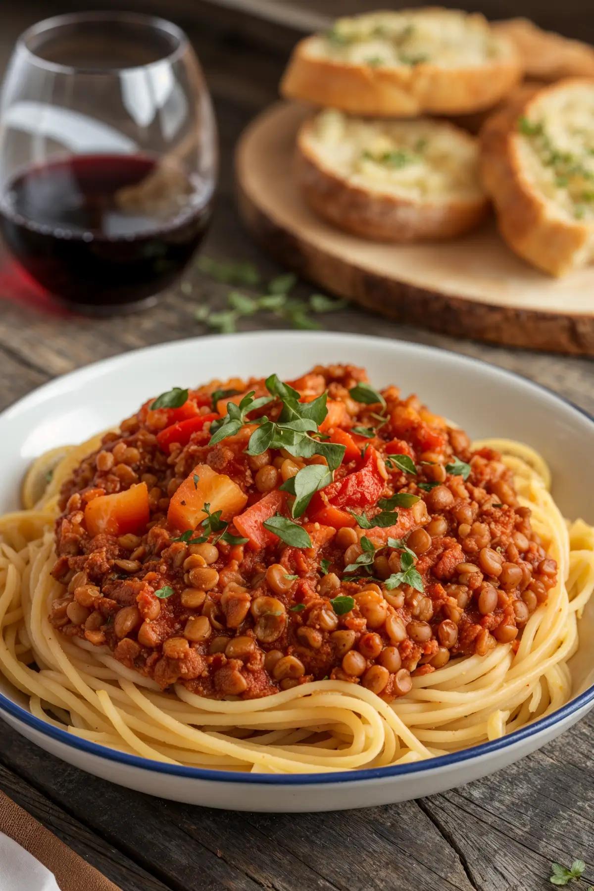 Bowl of vegan lentil bolognese with fresh basil garnish.