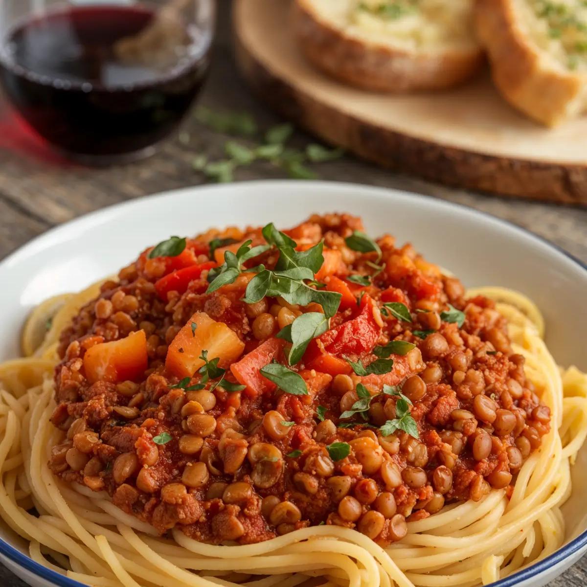 Bowl of vegan lentil bolognese with fresh basil garnish.
