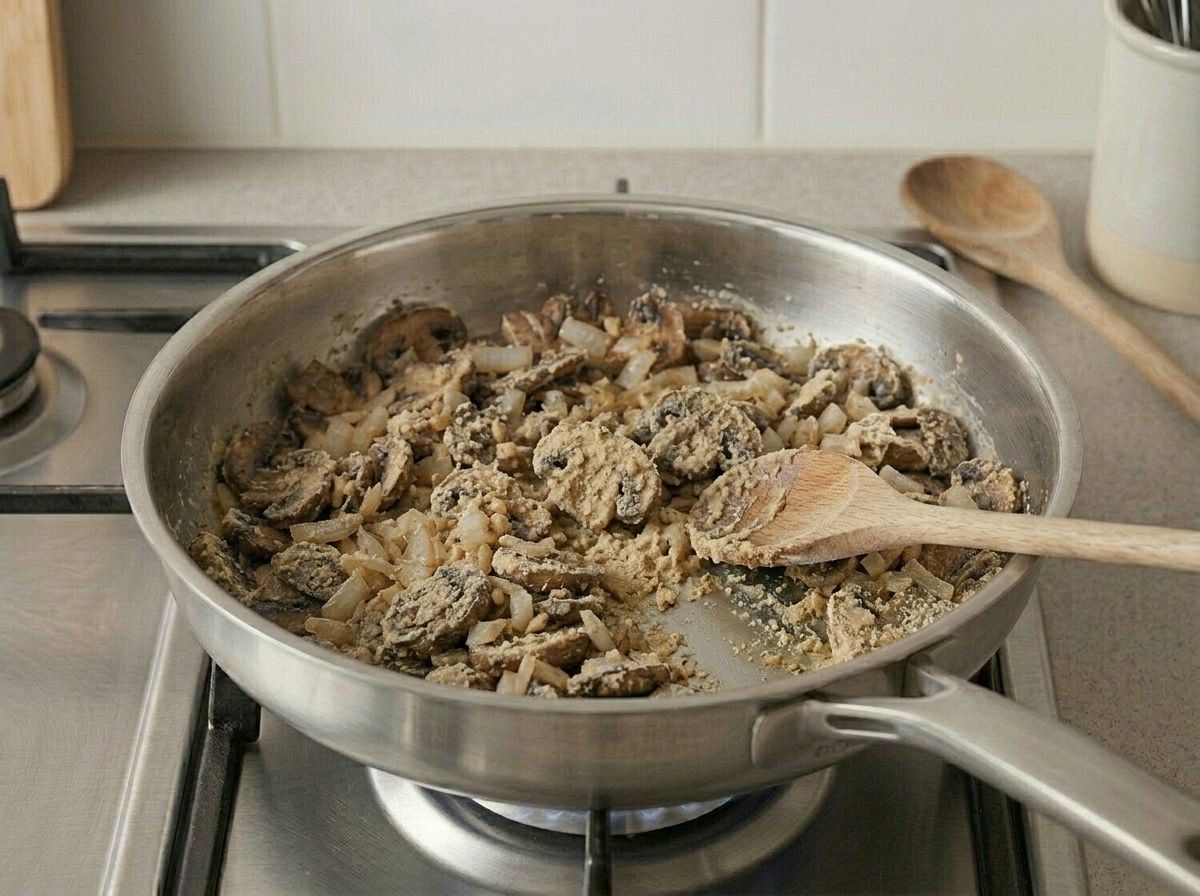 Flour stirred through the mushrooms until the mixture looks like damp sand coating every piece.