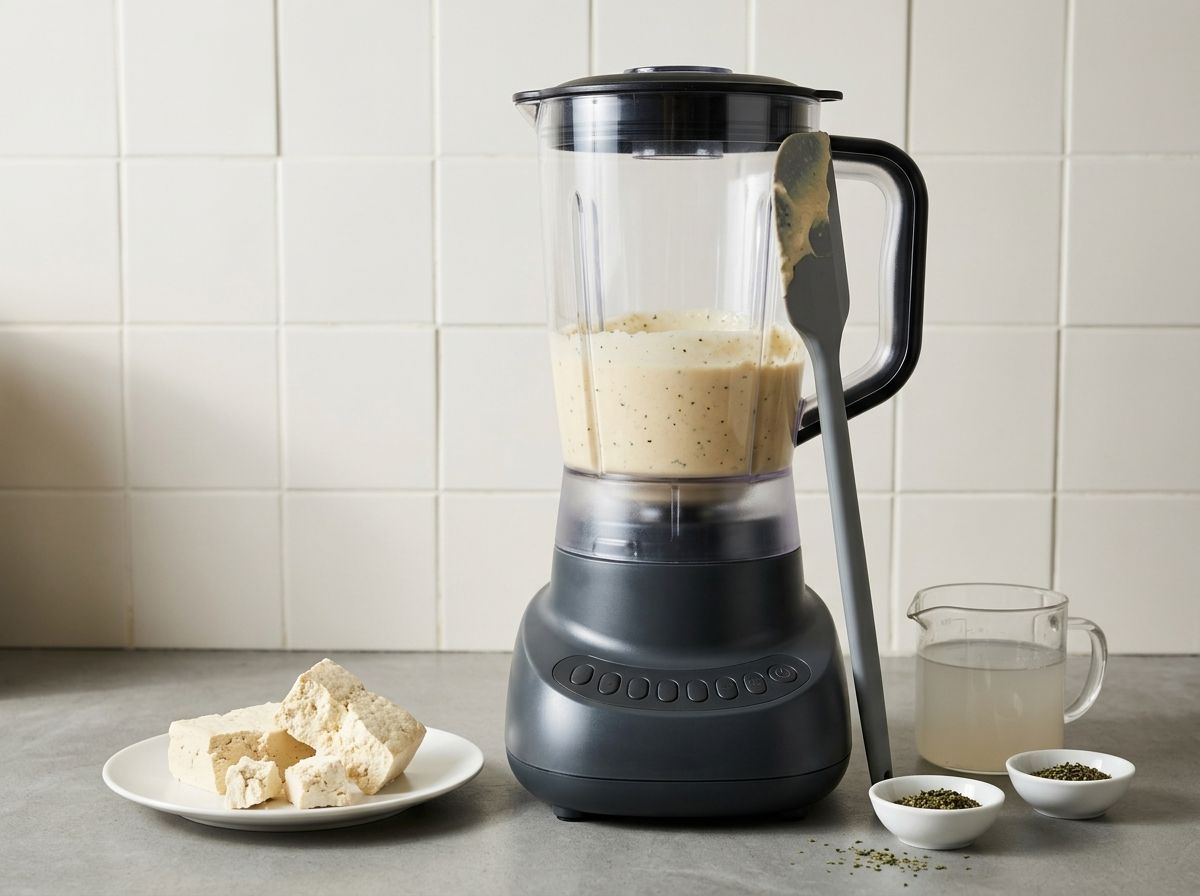 Firm tofu blended with hot pasta water into a thick, smooth pale ivory sauce, the jug scraped down with a spatula