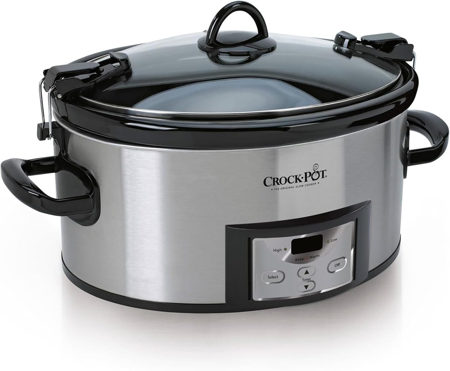 Oval stainless steel Crock-Pot slow cooker with a clamped glass lid and a digital timer