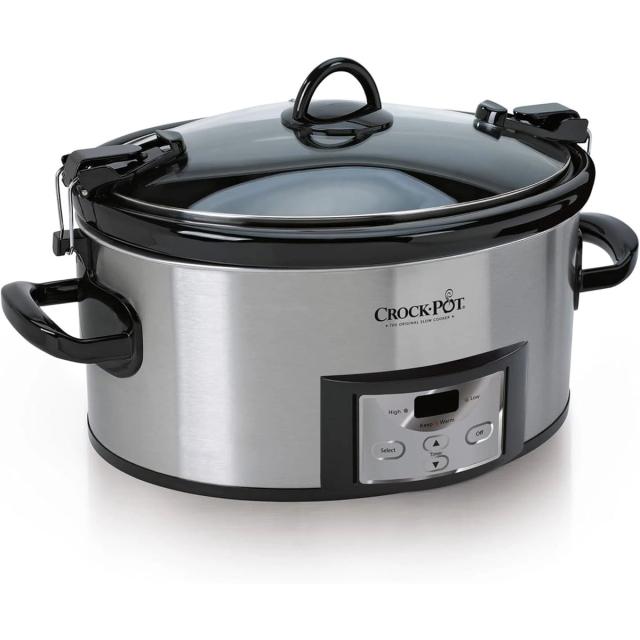 Oval stainless steel Crock-Pot slow cooker with a clamped glass lid and a digital timer