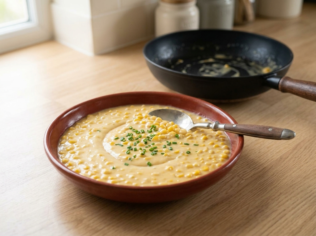 The finished vegan creamed corn in a rust-glazed stoneware serving bowl, scattered with chopped chives.