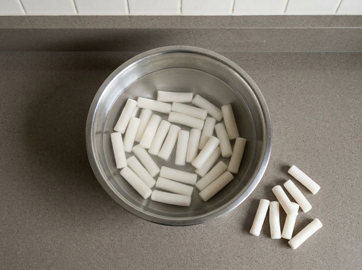 Korean rice cakes separated and soaking in a bowl of warm water, with a few dry ones on the worktop.