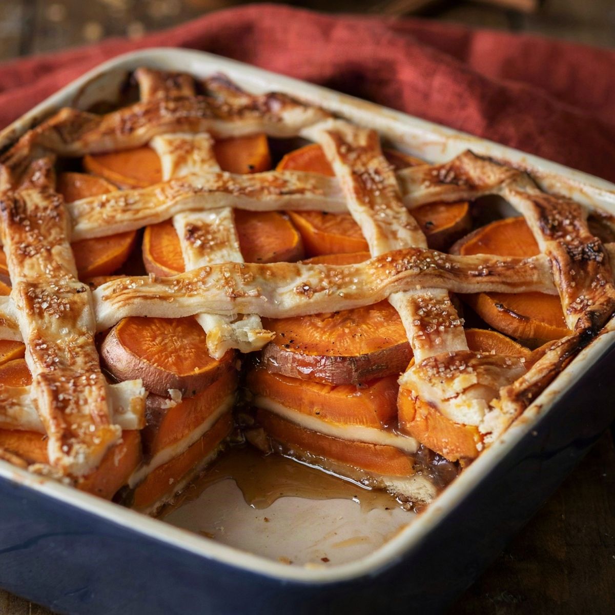 Sweet potato cobbler in a navy baking dish, a golden pastry lattice over sliced sweet potatoes in dark amber syrup, with one corner spooned out to show the pastry layer baked through the middle