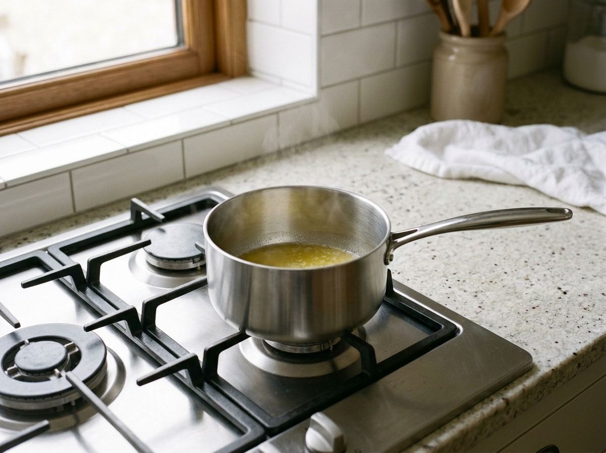 A small stainless saucepan off the heat holding a shallow pool of clear golden melted butter, cooling.