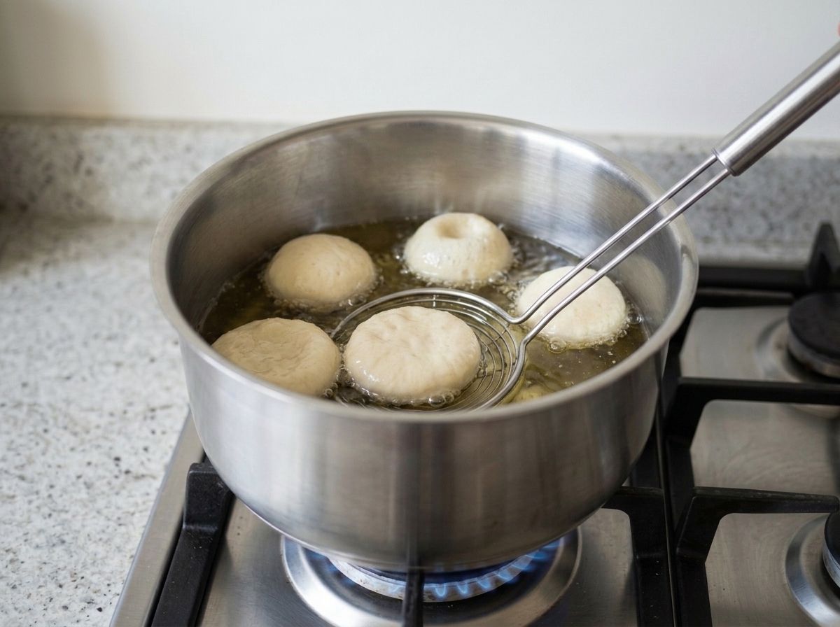 Five pale rounds of dough in hot oil, one pressed under with a slotted spoon as another begins to balloon.