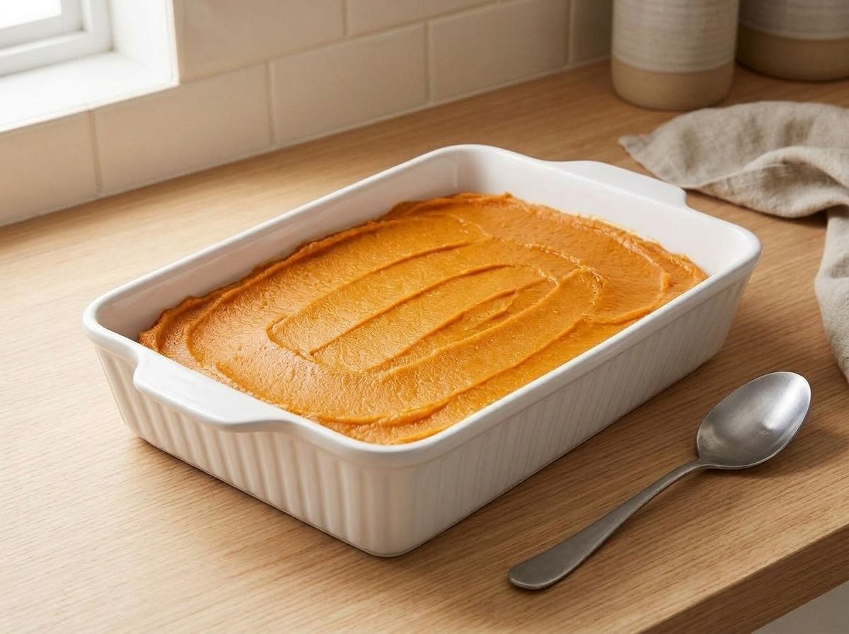 Sweet potato filling spread level in a white ceramic baking dish, ready for the topping
