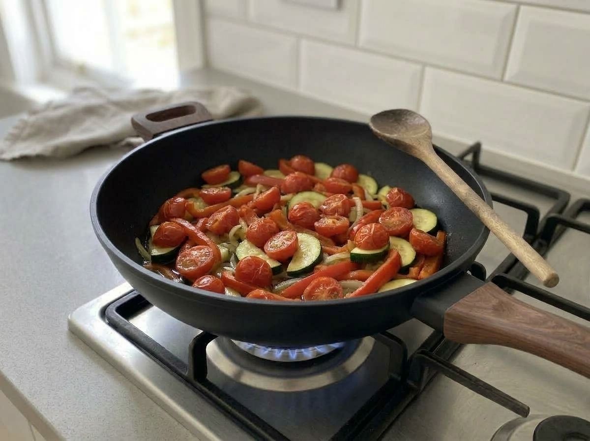 Halved cherry tomatoes added to the skillet, skins wrinkled and just splitting but still whole