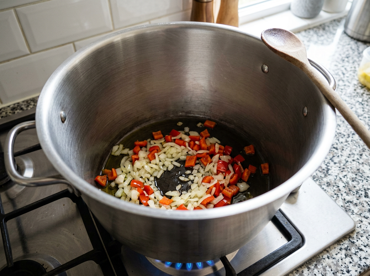Chopped onion and diced red pepper softening in olive oil in the base of a large steel pot