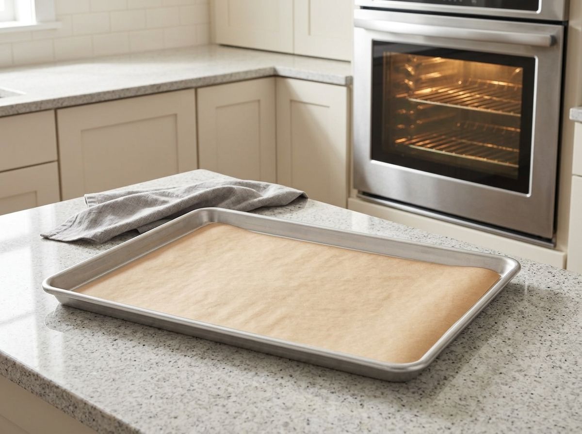 An empty parchment-lined baking sheet on the worktop with the oven heating behind it
