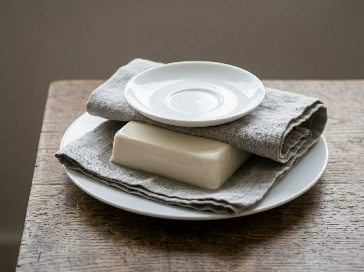 A block of silken tofu draining on a folded kitchen towel, a small saucer resting on top to press it
