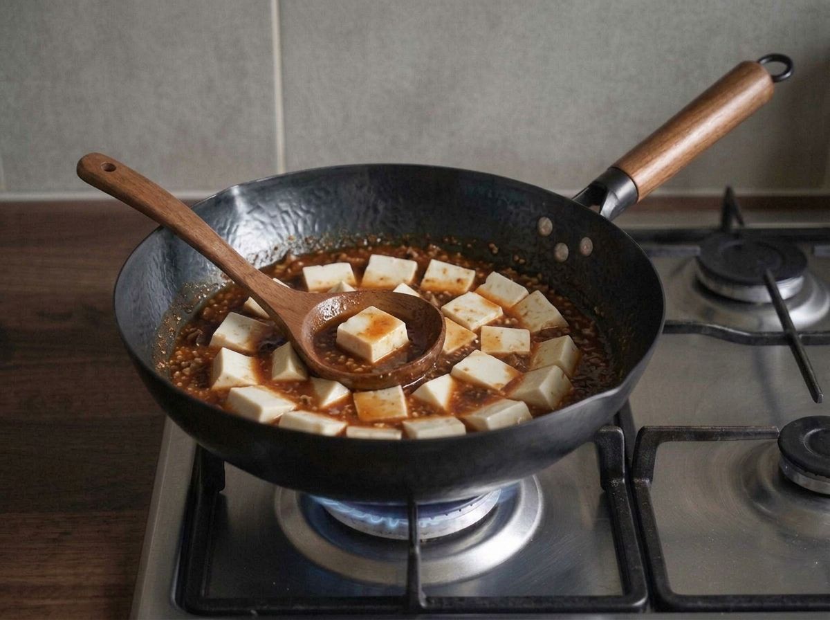 Cubes of silken tofu added to the simmering sauce, lifted gently with the back of a wooden ladle rather than stirred.